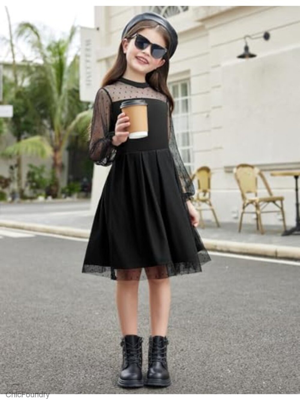 Girls Contrast Mesh Puff Sleeve Mock Neck Formal A-Line Tulle Party Dress - Picture 2 of 6